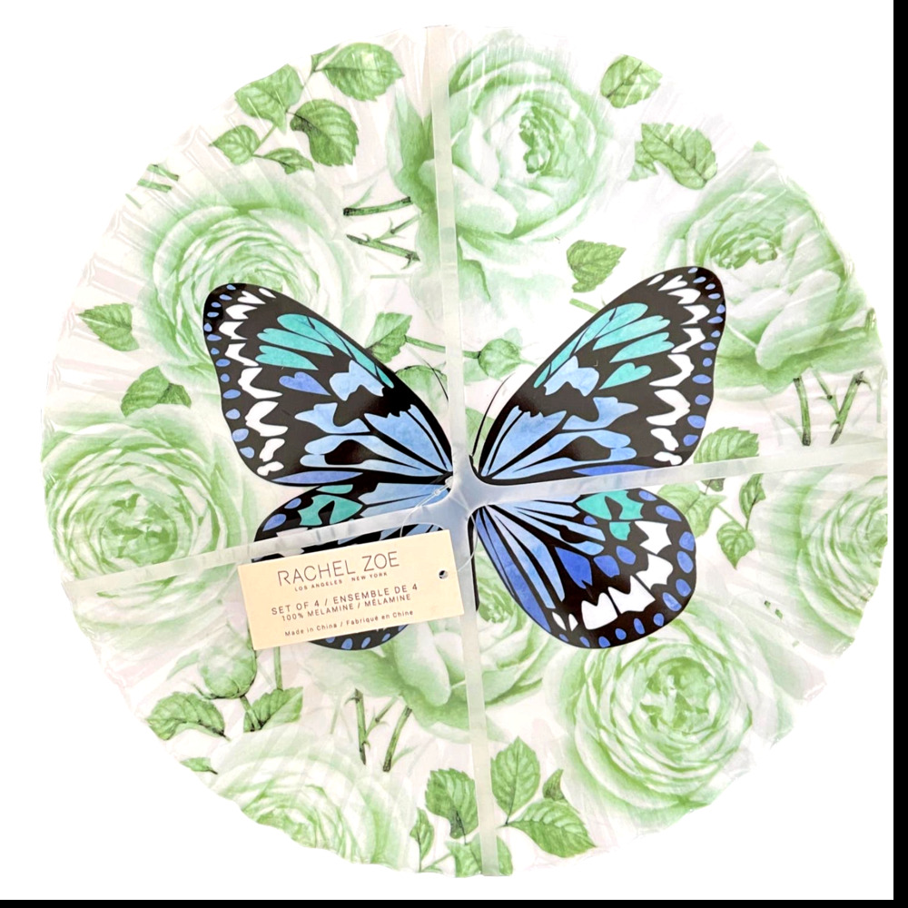 RACHEL ZOE Spring Floral Butterfly Melamine 10.75" Dinner Plates Set of 4 NEW